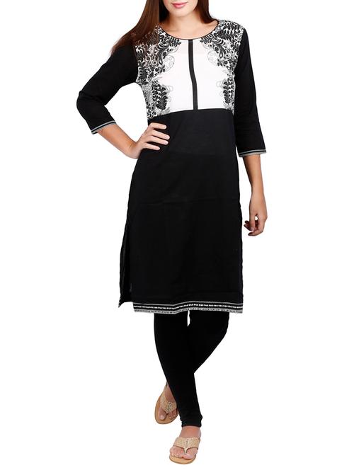 black cotton printed straight kurta - 12950165 - Very Small Image - 1
