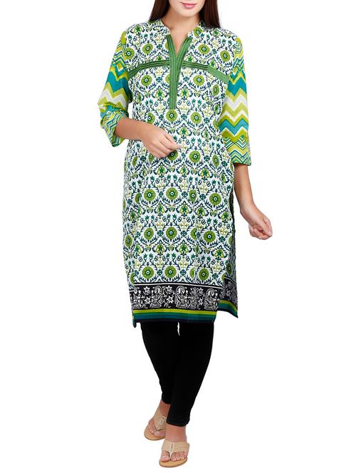 green cotton printed straight kurta - 12950166 - Very Small Image - 1