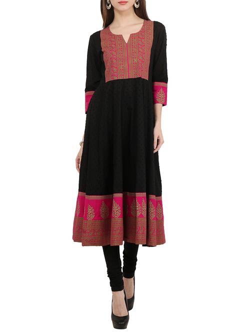 black cotton block printed anarkali kurta - 12951547 - Very Small Image - 1