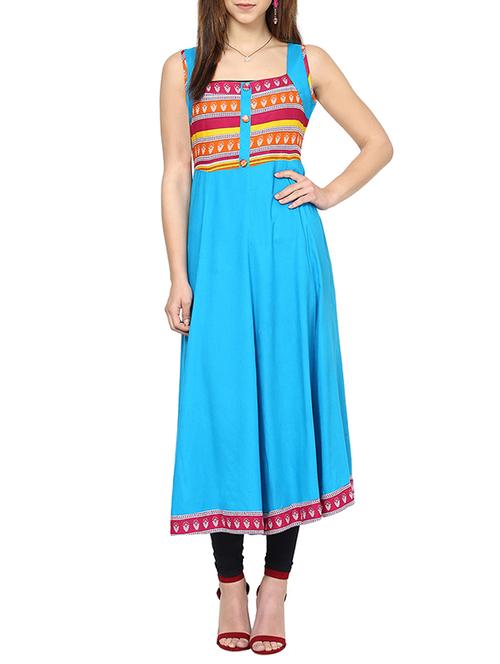 turquoise rayon flared kurta - 12951621 - Very Small Image - 1