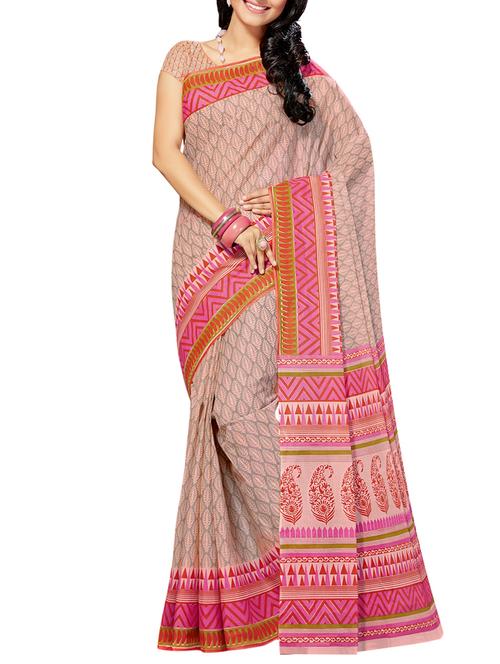 pink cotton printed saree with blouse - 12953202 - Very Small Image - 1
