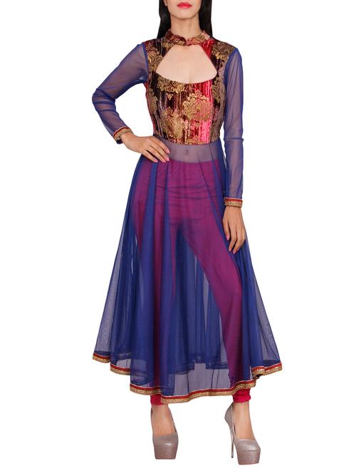 blue net flared kurta - 12953250 - Very Small Image - 1