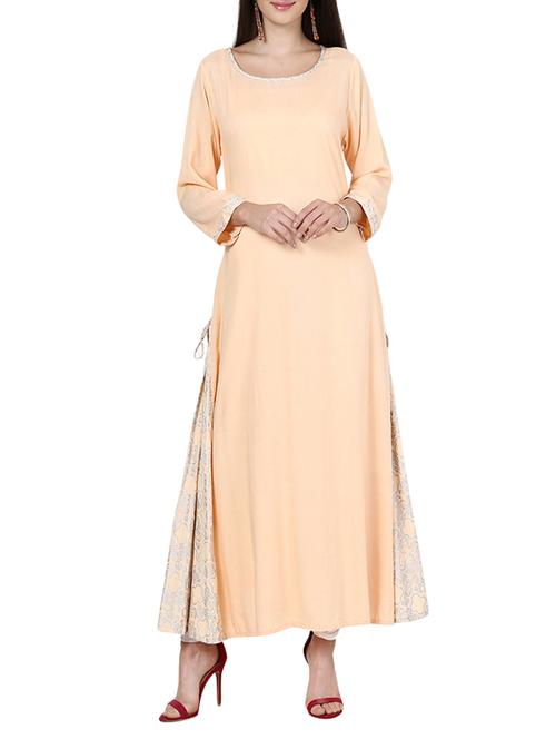 peach rayon high slit long kurta - 12954145 - Very Small Image - 1