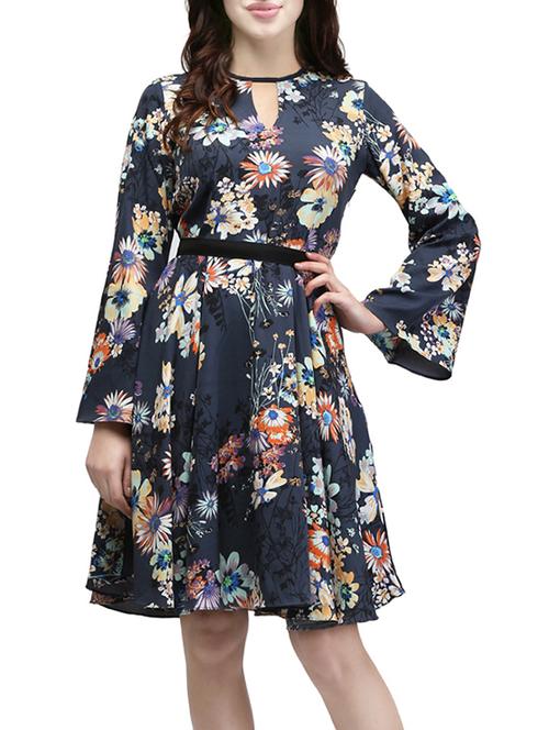grey floral printed crepe fit & flare dress - 12957251 - Very Small Image - 1