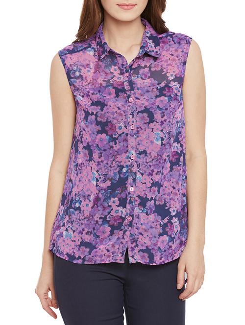 purple floral printed georgette regular shirt - 12958041 - Very Small Image - 1