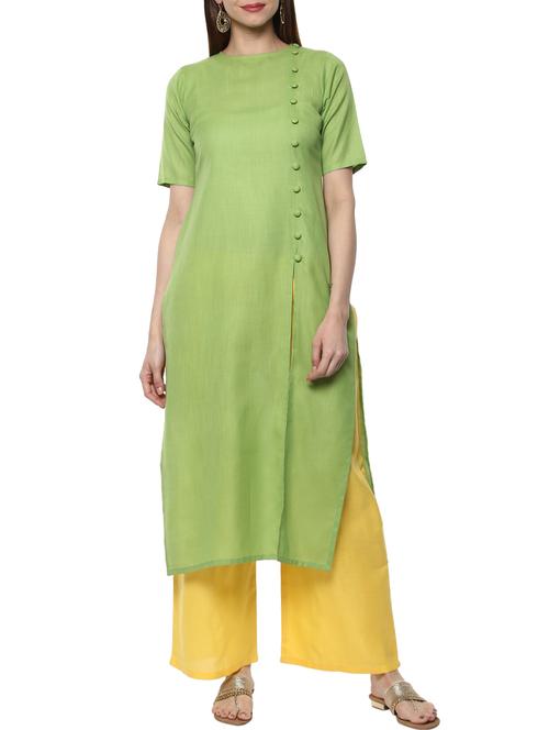green cotton straight kurta - 12959559 - Very Small Image - 1