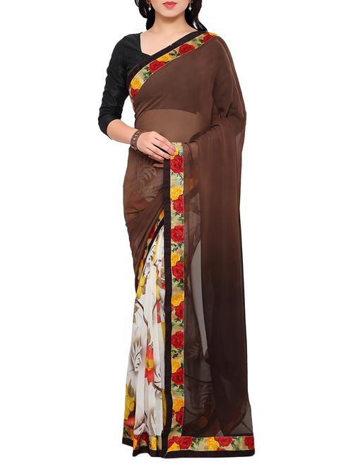 brown chiffon printed half and half saree with blouse - 12963130 - Very Small Image - 1