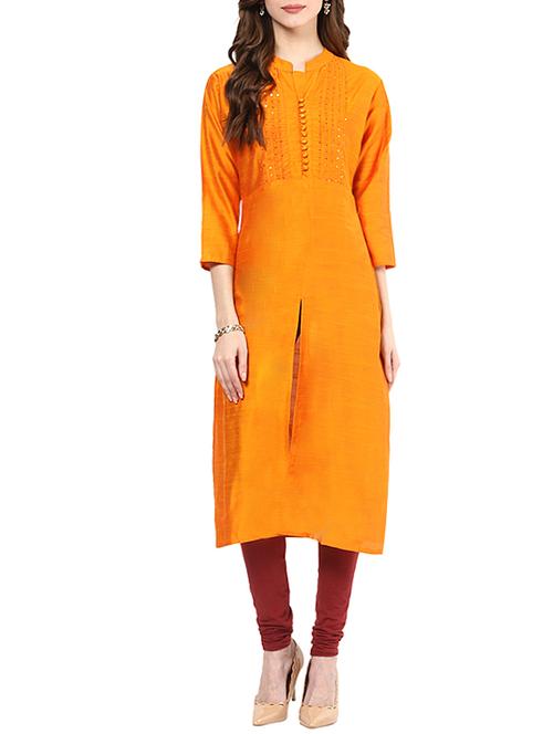 yellow silk blend straight kurta - 12963688 - Very Small Image - 1