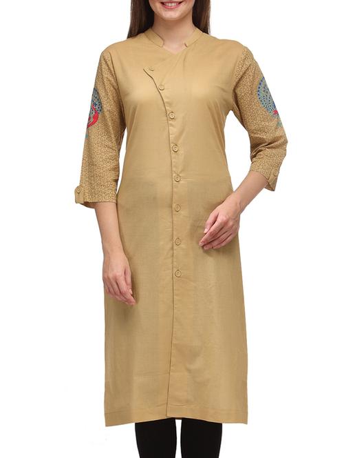  beige cotton mandarin collar kurta - 1296375 - Very Small Image - 1