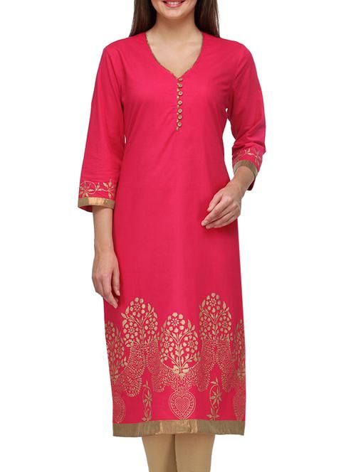  pink cotton v neck kurta - 1296379 - Very Small Image - 1
