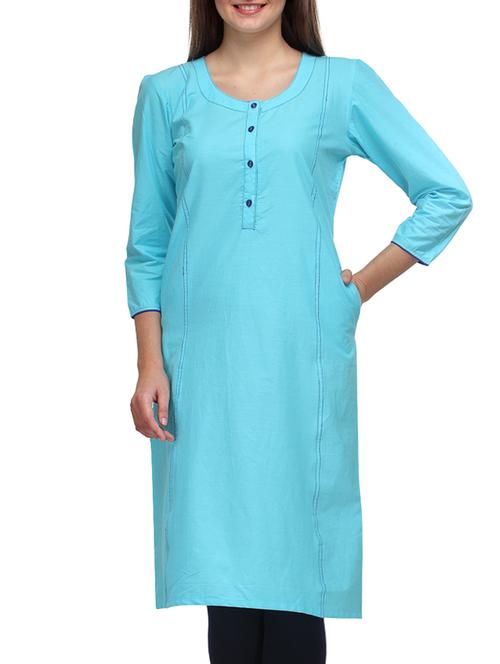 Blue Cotton Round Neck Kurta - 1296407 - Very Small Image - 1