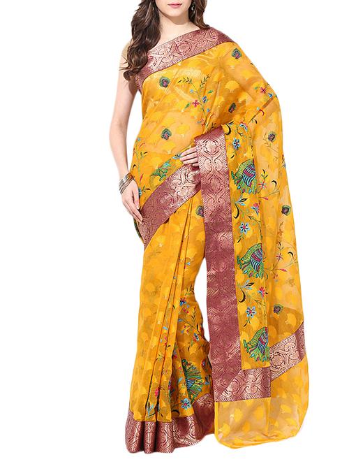 yellow cotton blend saree with blouse - 12964198 - Very Small Image - 1