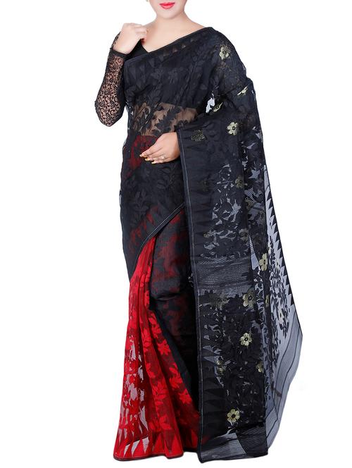 black cotton silk jamdani saree - 12964906 - Very Small Image - 1