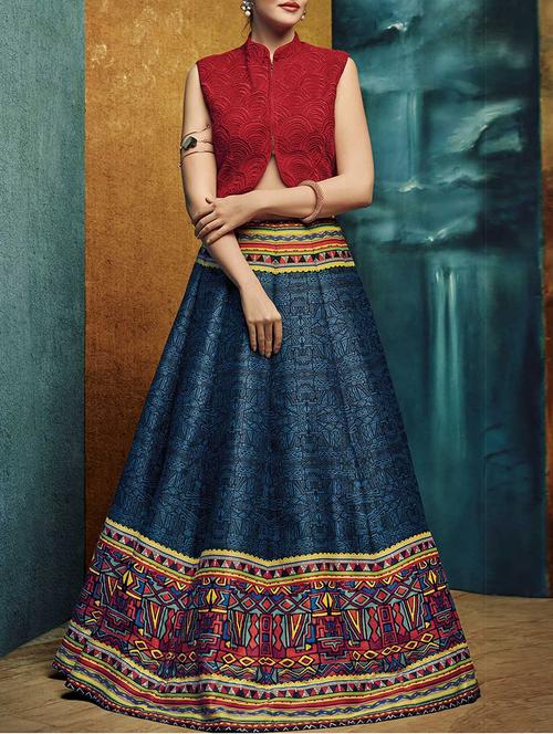 blue banglori silk printed a-line lehenga - 12966368 - Very Small Image - 1