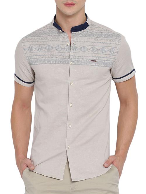 beige linen printed casual shirt - 12966657 - Very Small Image - 1