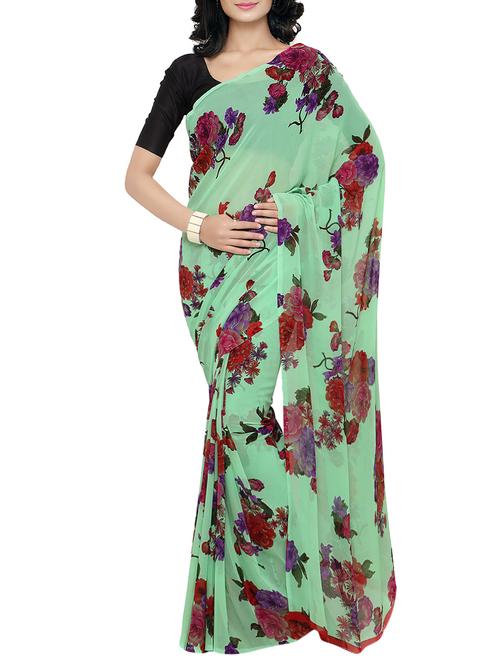 green georgette printed saree with blouse - 12968989 - Very Small Image - 1