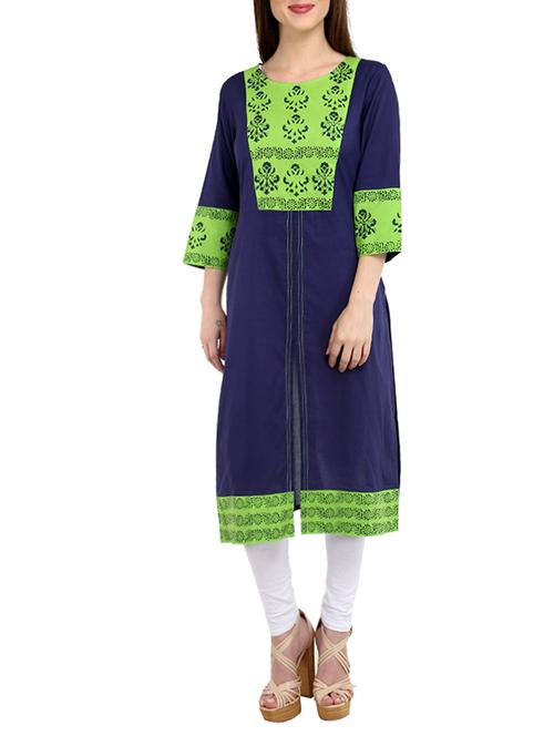 blue cotton printed straight kurta - 12970376 - Very Small Image - 1