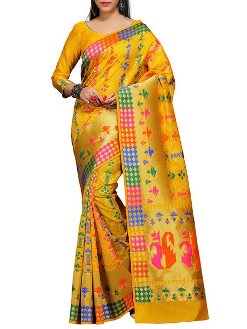 yellow silk blend banarasi saree with blouse - 12971941 - Very Small Image - 1