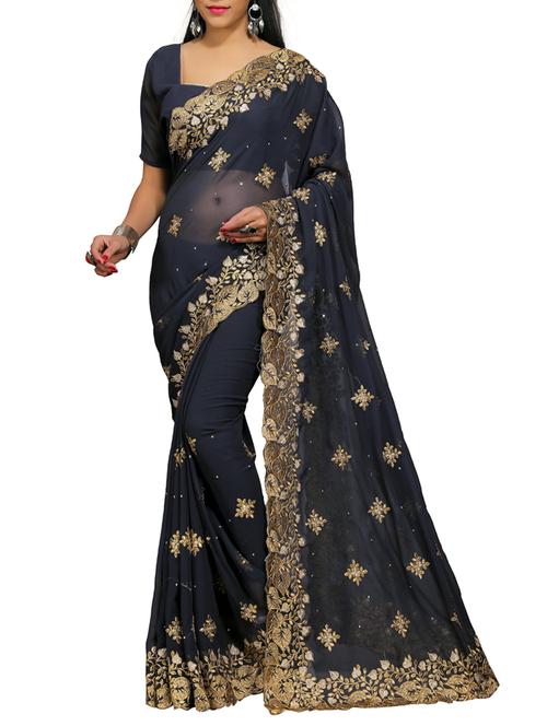 grey  georgette embroidered saree with blouse - 12971973 - Very Small Image - 1