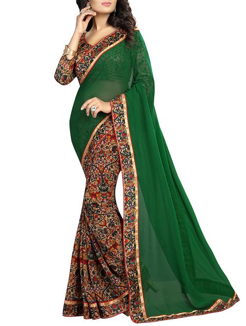 green georgette printed half and half saree with blouse - 12973370 - Very Small Image - 1