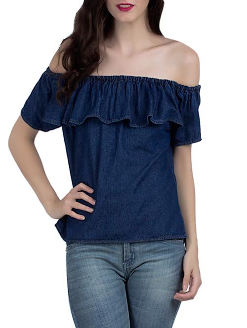 dark blue denim off shoulder ruffle top - 12977376 - Very Small Image - 1