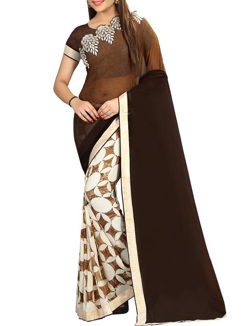 brown georgette printed saree - 12978810 - Very Small Image - 1