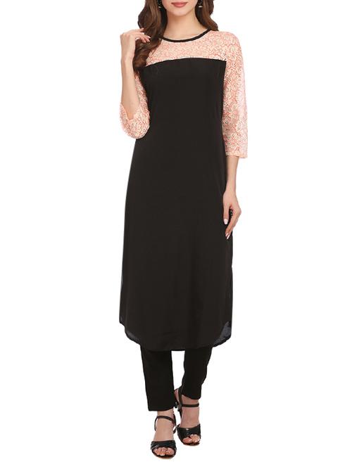 black crepe plain long kurta - 12981253 - Very Small Image - 1