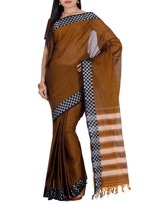 brown cotton bordered saree with blouse - 12985270 - Very Small Image - 1