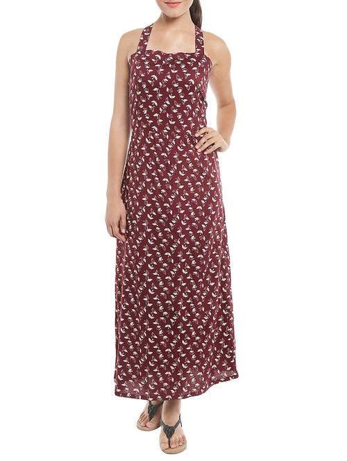 maroon printed rayon maxi dress - 12987579 - Very Small Image - 1