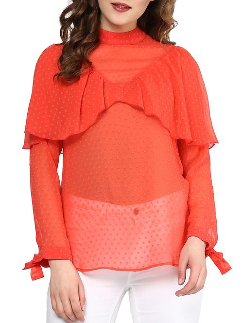 red poly georgette ruffle top - 12989095 - Very Small Image - 1