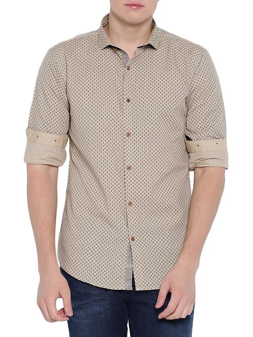 beige linen printed casual shirt - 12989925 - Very Small Image - 1