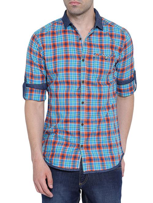 blue cotton checked casual shirt - 12989940 - Very Small Image - 1