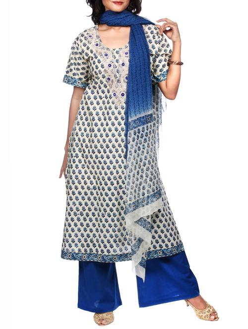 white cotton printed straight suit - 12992118 - Very Small Image - 1