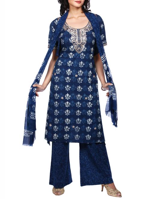 blue cotton embellished straight suit - 12992120 - Very Small Image - 1