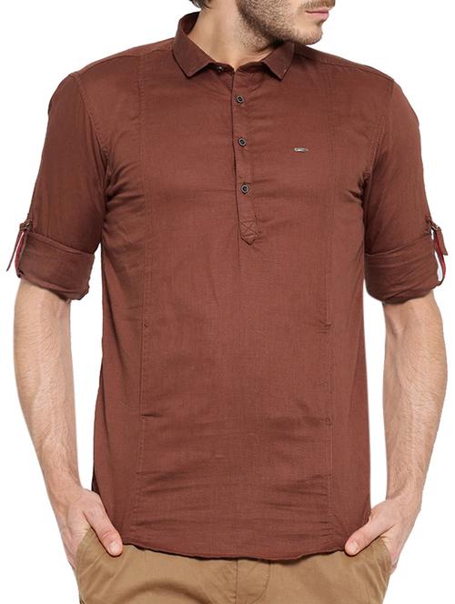 solid brown linen short kurta - 12995119 - Very Small Image - 1