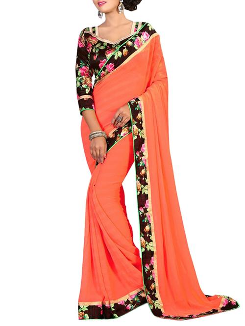 orange georgette bordered saree with blouse - 12999734 - Very Small Image - 1