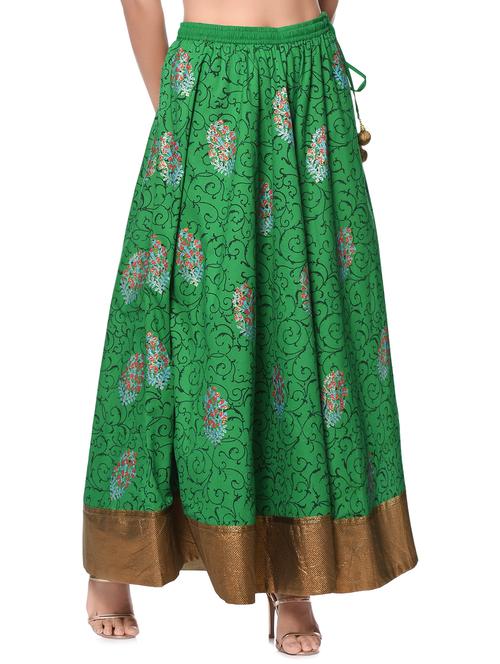 Green hand block printed long cotton skirt  - 12999774 - Very Small Image - 1
