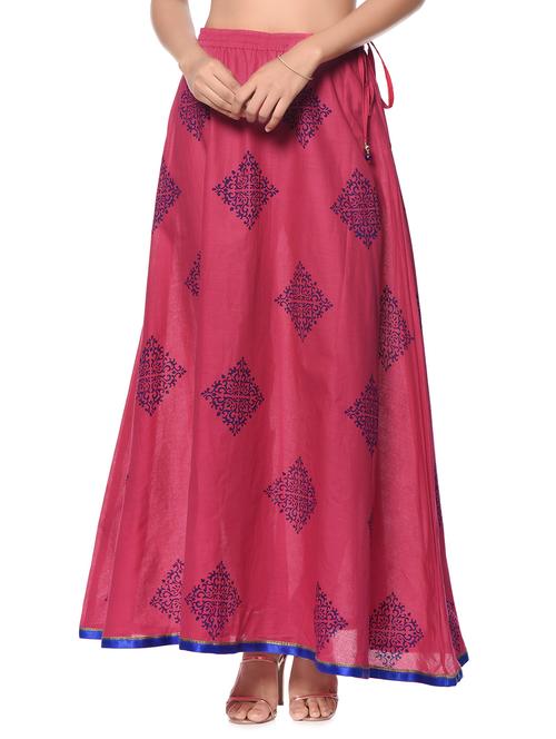 Pink hand block printed long cotton skirt  - 12999783 - Very Small Image - 1