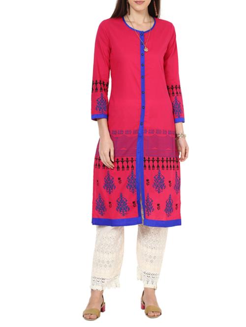 pink cotton straight high slit kurta - 13000415 - Very Small Image - 1