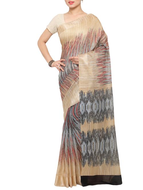 beige cotton blend printed saree with blouse - 13001764 - Very Small Image - 1