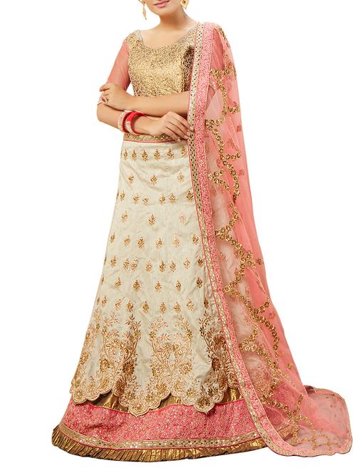 beige silk embroidered a-line lehenga - 13002189 - Very Small Image - 1