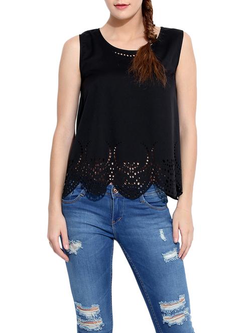 women solid sleeveless cut work detailed top - 13003934 - Very Small Image - 1