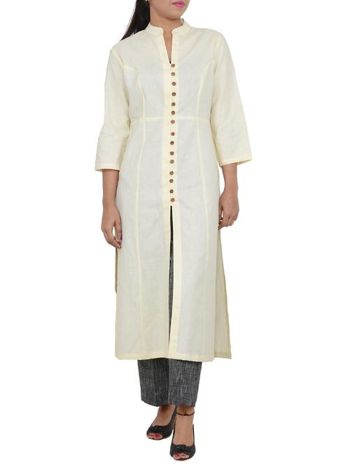 beige cotton long kurta with princess line - 13007750 - Very Small Image - 1
