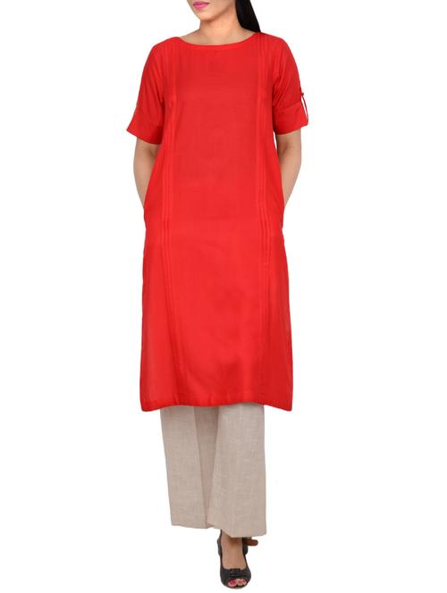 red rayon short kurta with thick tucks and pocket - 13007768 - Very Small Image - 1
