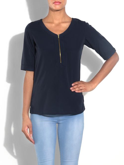 navy blue poly crepe top with zipper - 1301413 - Very Small Image - 1