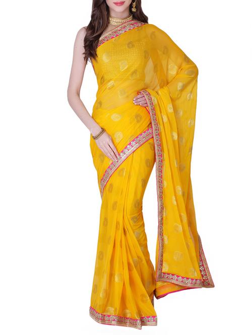 yellow georgette gota patti saree with blouse - 13014962 - Very Small Image - 1