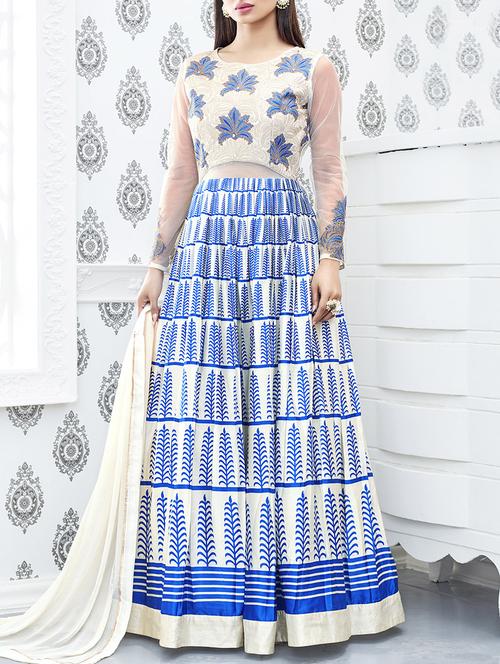 blue georgette embroidered a-line dress material - 13016669 - Very Small Image - 1