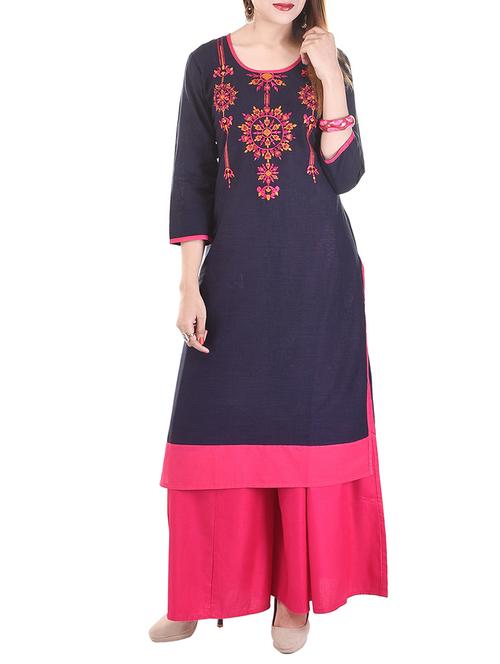 blue cotton embroidered straight kurta - 13022769 - Very Small Image - 1