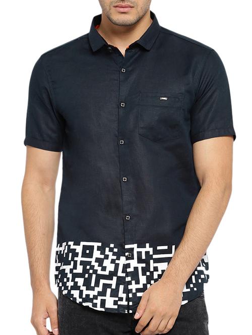 navy blue linen printed casual shirt - 13022821 - Very Small Image - 1