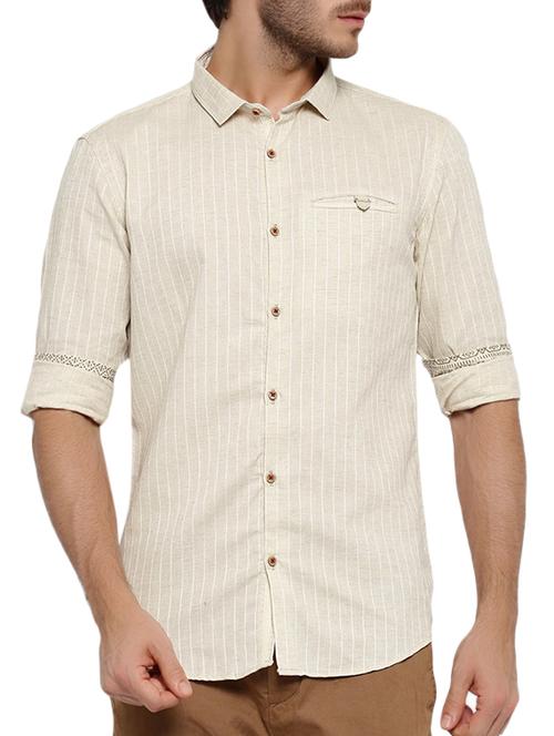 beige linen striped casual shirt - 13022823 - Very Small Image - 1